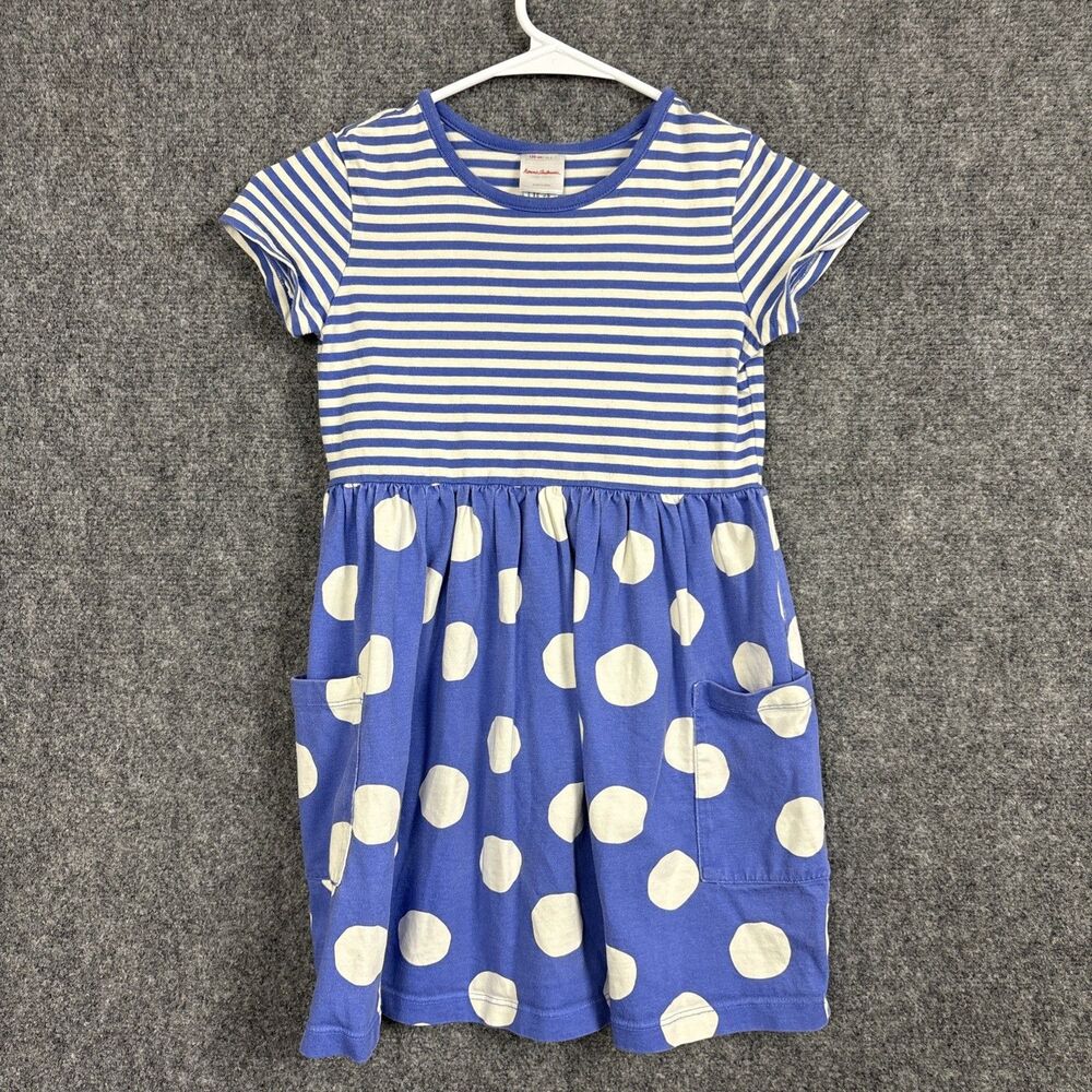 Hanna Andersson Mixie Girls Jersey Dress 6 / 7 Blue Striped Polka dot Pockets